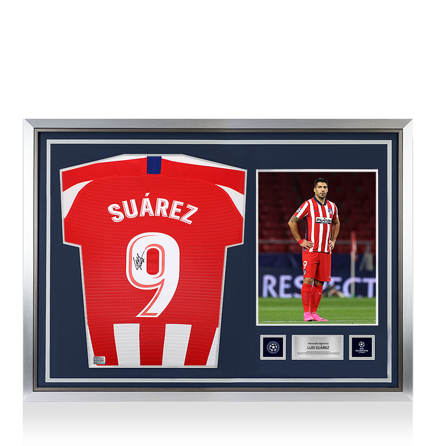 Luis Suarez Official UEFA Champions League Back Signed and Hero Framed Atletico Madrid 2019-20 Home Shirt with Fan Style Number UEFA Club Competitions Online Store