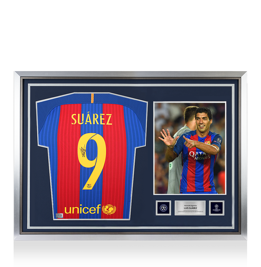Luis Suarez Official UEFA Champions League Back Signed and Hero Framed FC Barcelona 2016-17 Home Shirt UEFA Club Competitions Online Store