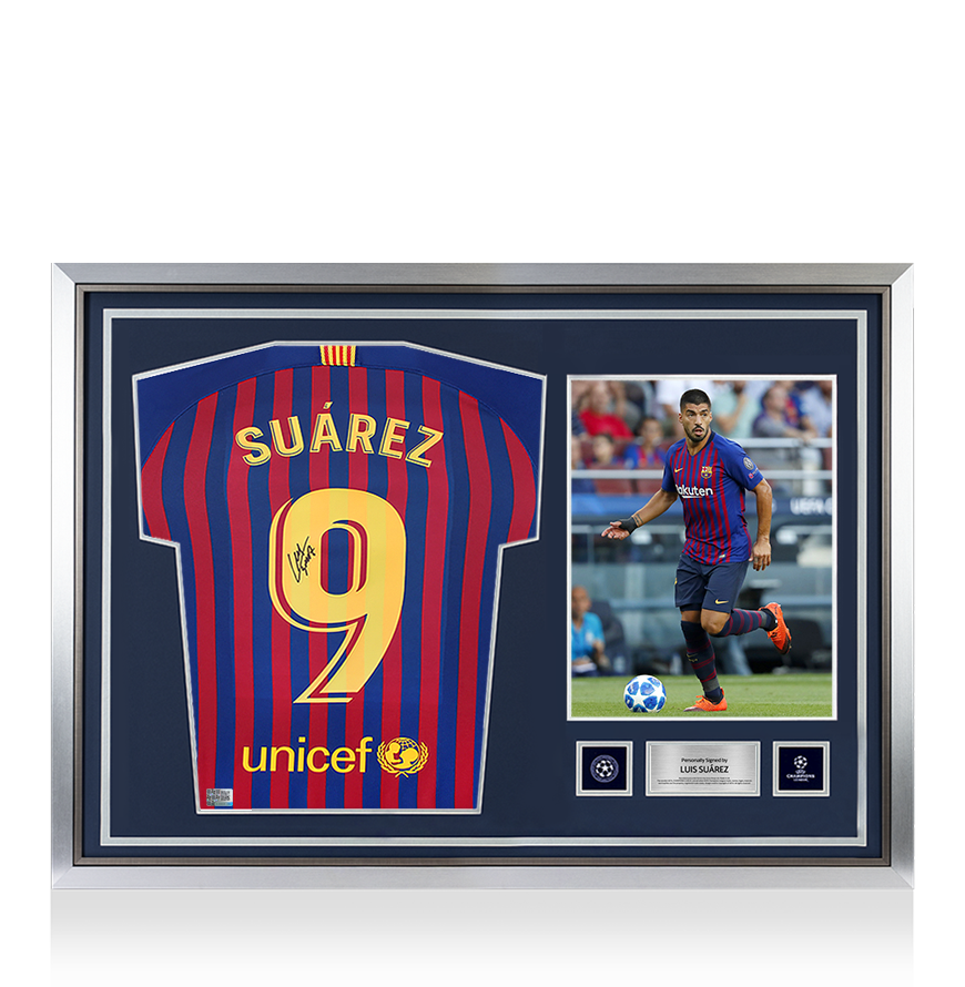 Luis Suarez Official UEFA Champions League Back Signed and Hero Framed FC Barcelona 2018-19 Home Shirt with Fan Style Number UEFA Club Competitions Online Store
