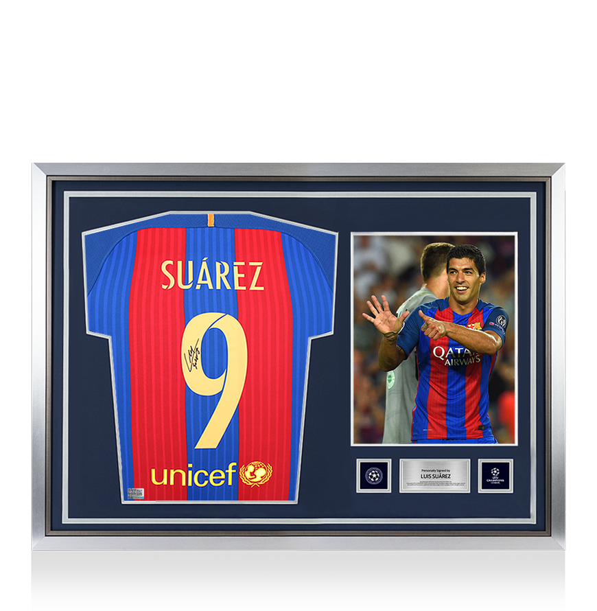 Luis Suarez Official UEFA Champions League Back Signed and Hero Framed FC Barcelona 2016-17 Home Shirt with Fan Style Number UEFA Club Competitions Online Store