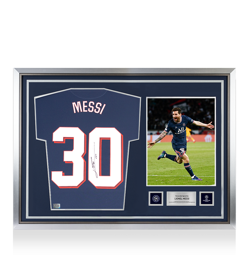Lionel Messi Official UEFA Champions League Back Signed and Hero Framed Paris Saint-Germain 2021-22 Home Shirt with Fan Style Numbers UEFA Club Competitions Online Store