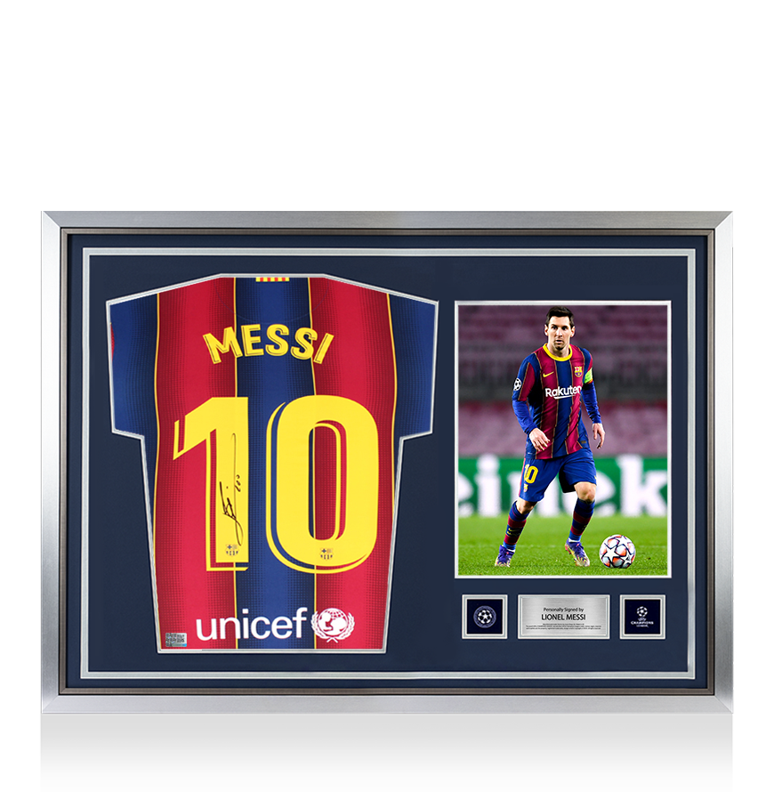 Lionel Messi Official UEFA Champions League Official Back Signed and Hero Framed FC Barcelona 2020-2021 Home Shirt UEFA Club Competitions Online Store