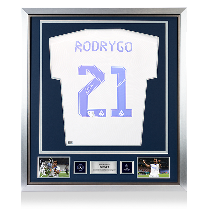 Rodrygo Official UEFA Champions League Back Signed and Framed Real Madrid CF 2021-22 Home Shirt UEFA Club Competitions Online Store