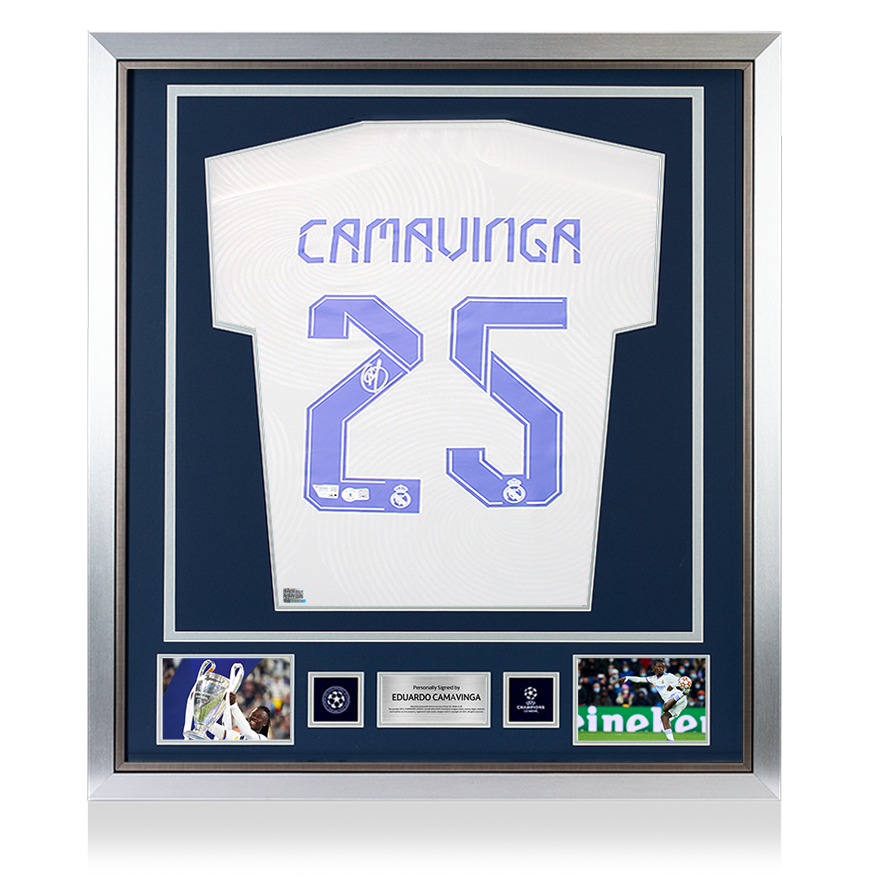 Eduardo Camavinga Official UEFA Champions League Back Signed and Framed Real Madrid CF 2021-22 Home Shirt UEFA Club Competitions Online Store