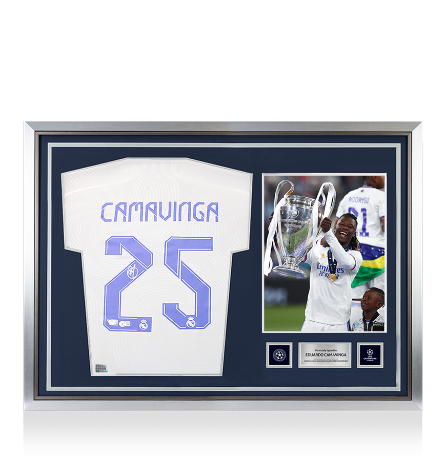 Eduardo Camavinga Official UEFA Champions League Back Signed and Hero Framed Real Madrid CF 2021-22 Home Shirt UEFA Club Competitions Online Store