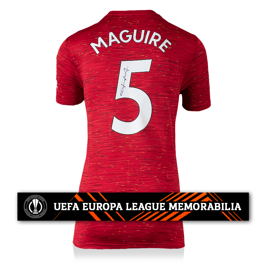 Harry Maguire Official UEFA Europa League Back Signed Manchester United 2020-21 Home Shirt With Fan Style Numbers