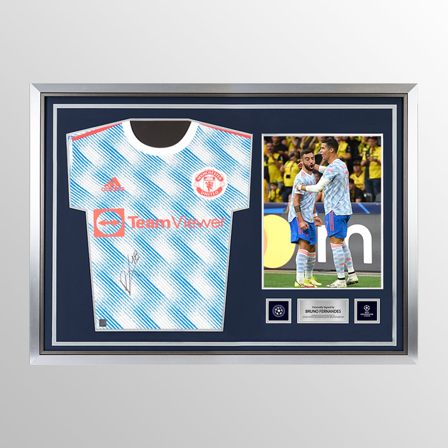 Bruno Fernandes Official UEFA Champions League Front Signed and Hero Framed Manchester United 2021-22 Away Shirt UEFA Club Competitions Online Store