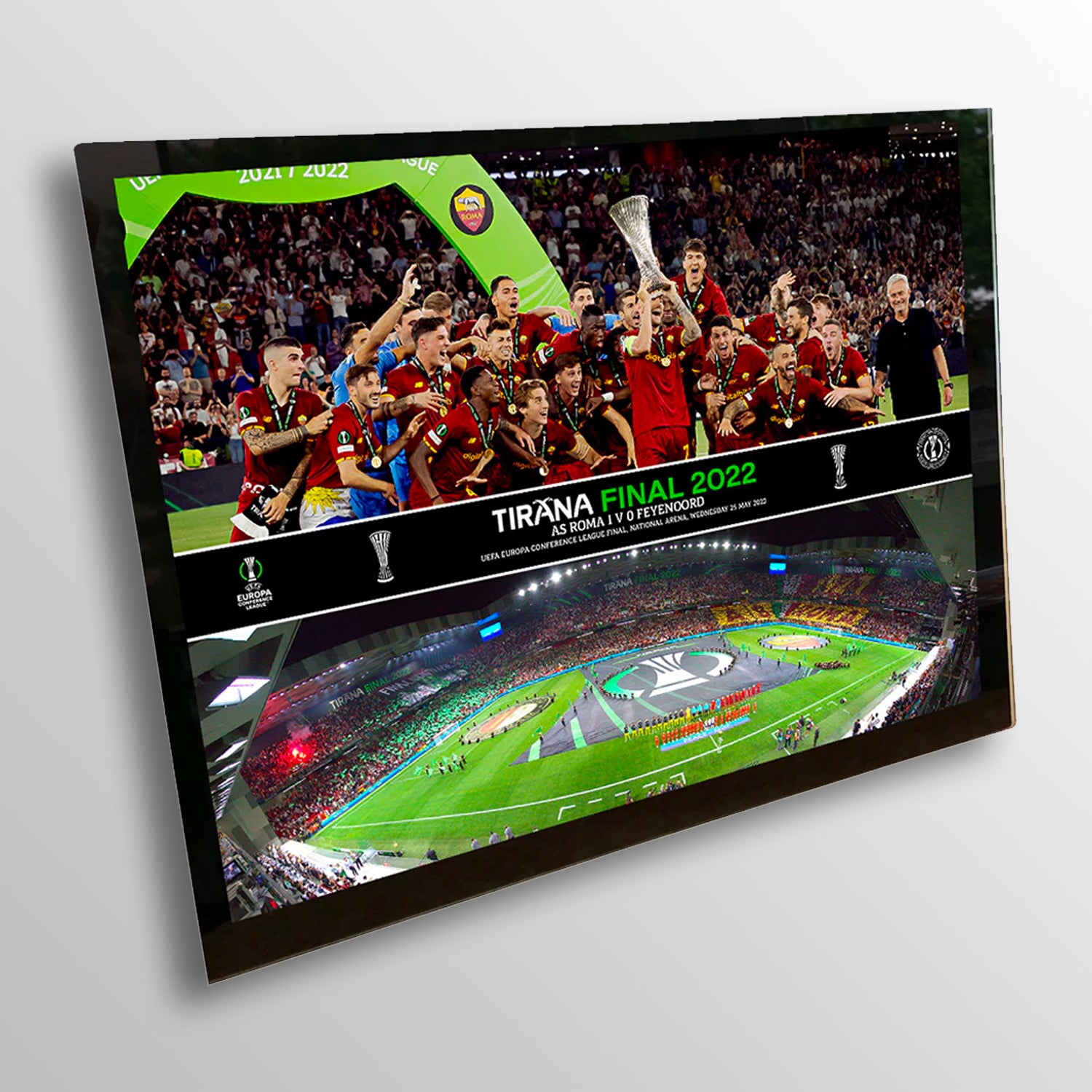 Tirana Tempered Glass Celebration Montage featuring trophy lift and Panoramic Line Up 8x6 - Conference League Final UEFA Club Competitions Online Store
