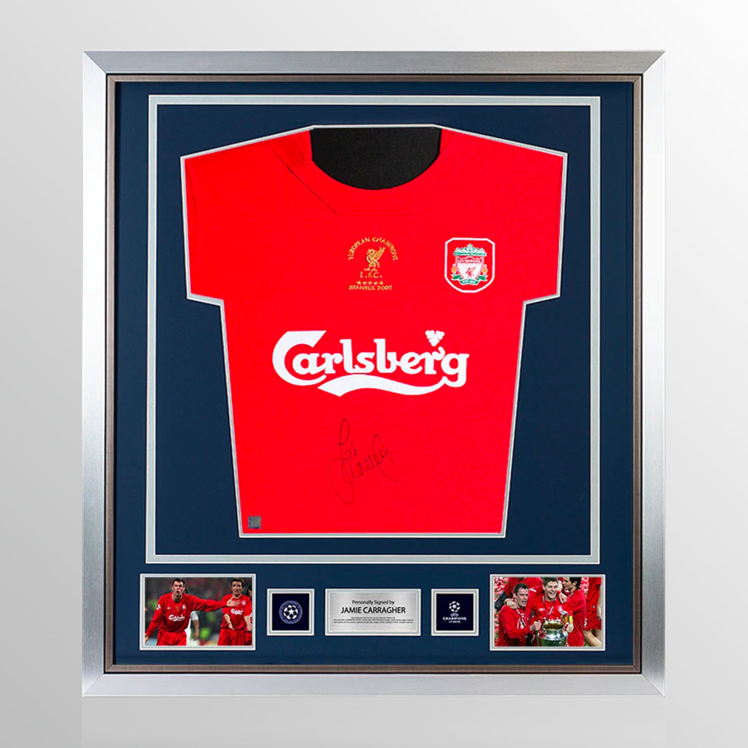 Jamie Carragher Official UEFA Champions League Front Signed and Framed Liverpool 2005 Home Shirt UEFA Club Competitions Online Store