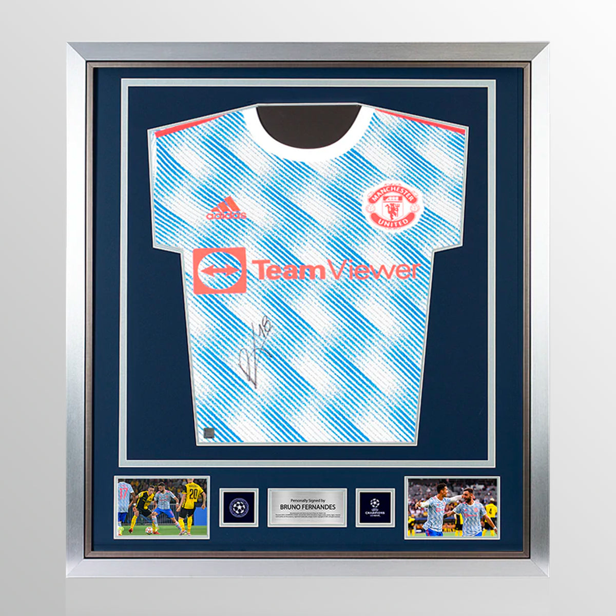 Bruno Fernandes Official UEFA Champions League Front Signed and Framed Manchester United 2021-22 Away Shirt UEFA Club Competitions Online Store