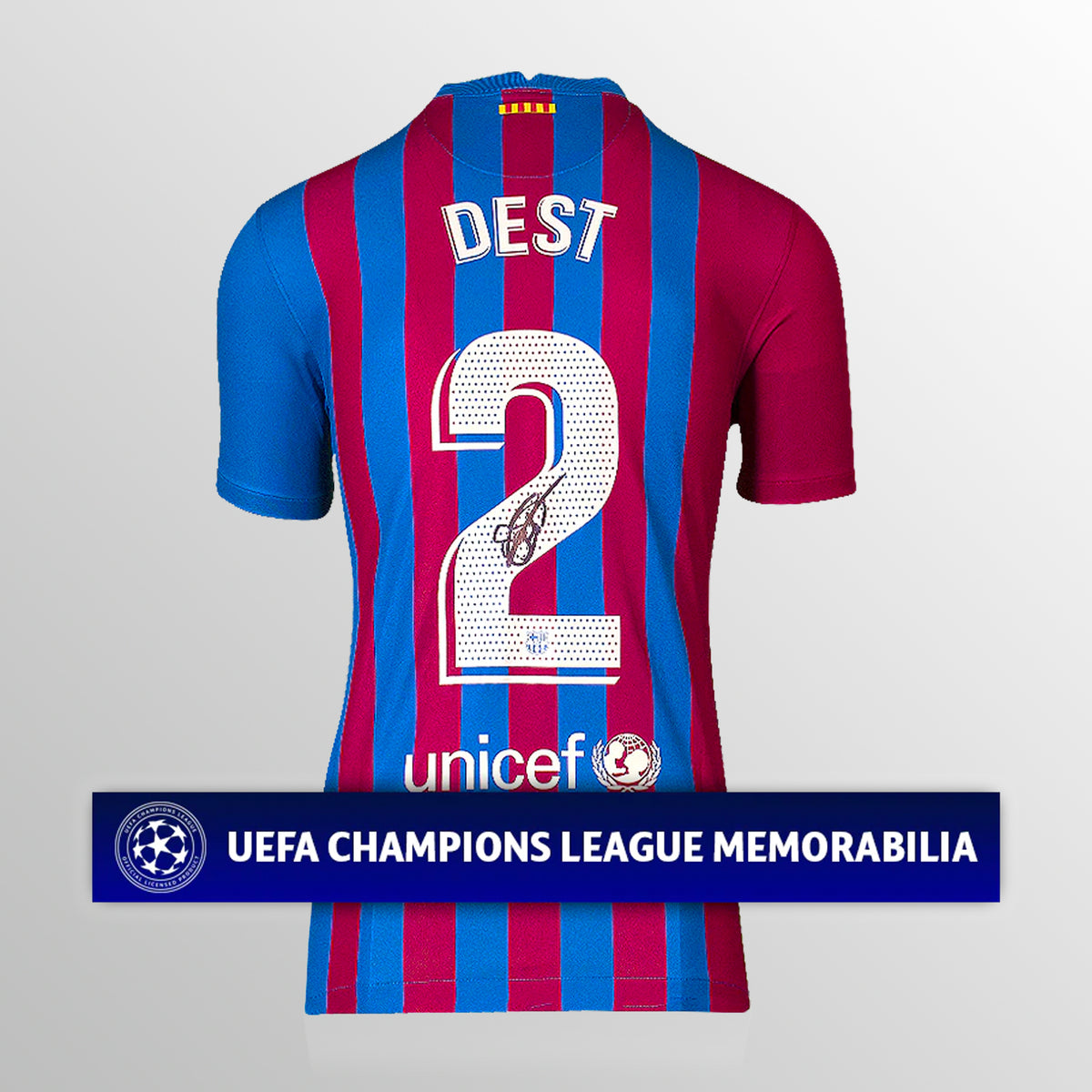 Sergino Dest Official UEFA Champions League Back Signed FC Barcelona 2021-22 Home Shirt UEFA Club Competitions Online Store