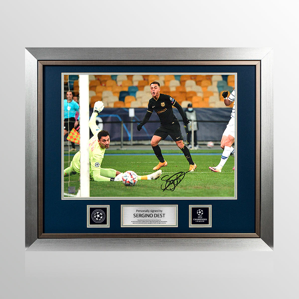 Sergino Dest Official UEFA Champions League Signed and Framed FC Barcelona Photo: Goal vs Dynamo Kiev UEFA Club Competitions Online Store