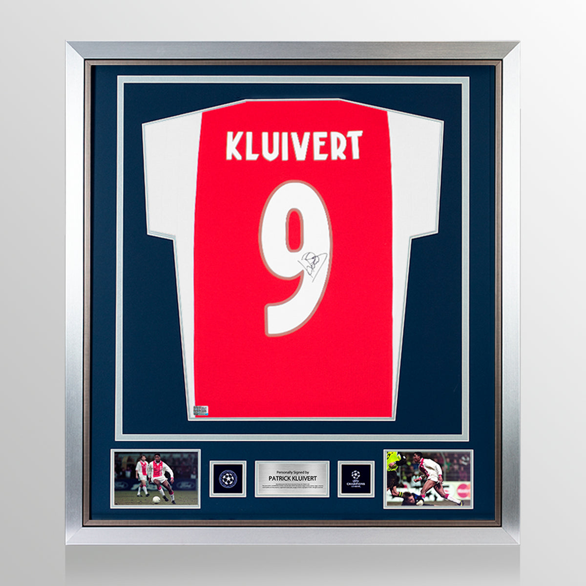 Patrick Kluivert, offizielles, signiertes und gerahmtes, modernes Ajax-Heimtrikot der UEFA Champions League