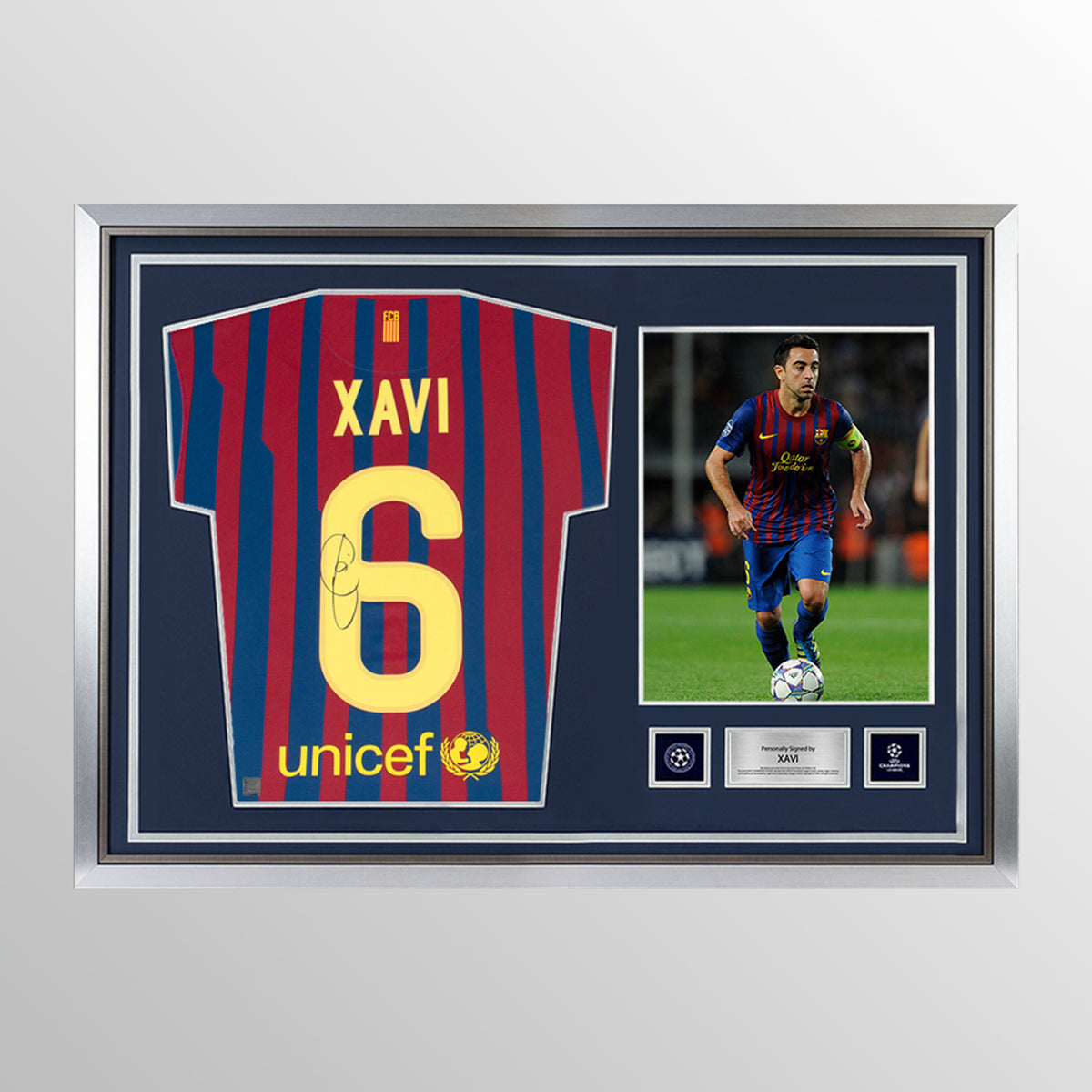 Xavi Official UEFA Champions League Back Signed and Hero Framed FC Barcelona 2011-12 Home Shirt With Fan Style Number UEFA Club Competitions Online Store