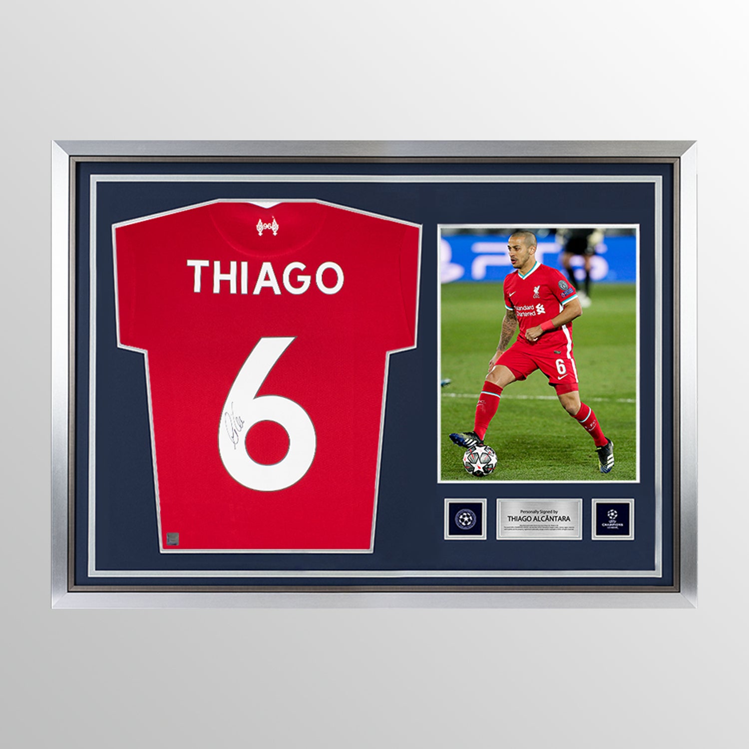 Thiago Alcantara Official UEFA Champions League Signed and Hero Framed Liverpool 2020-21 Home Shirt With Fan Style Numbers UEFA Club Competitions Online Store