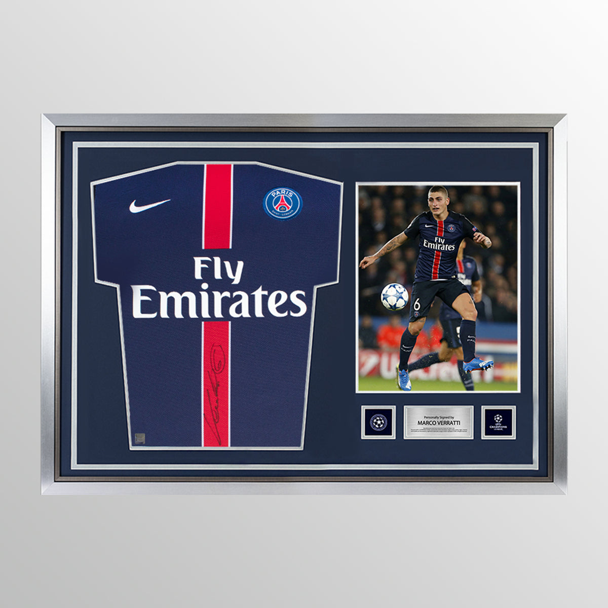 Marco Verratti Official UEFA Champions League Front Signed and Hero Framed Paris Saint-Germain 2015-16 Home Shirt: Signed and Hero Framed In Black UEFA Club Competitions Online Store