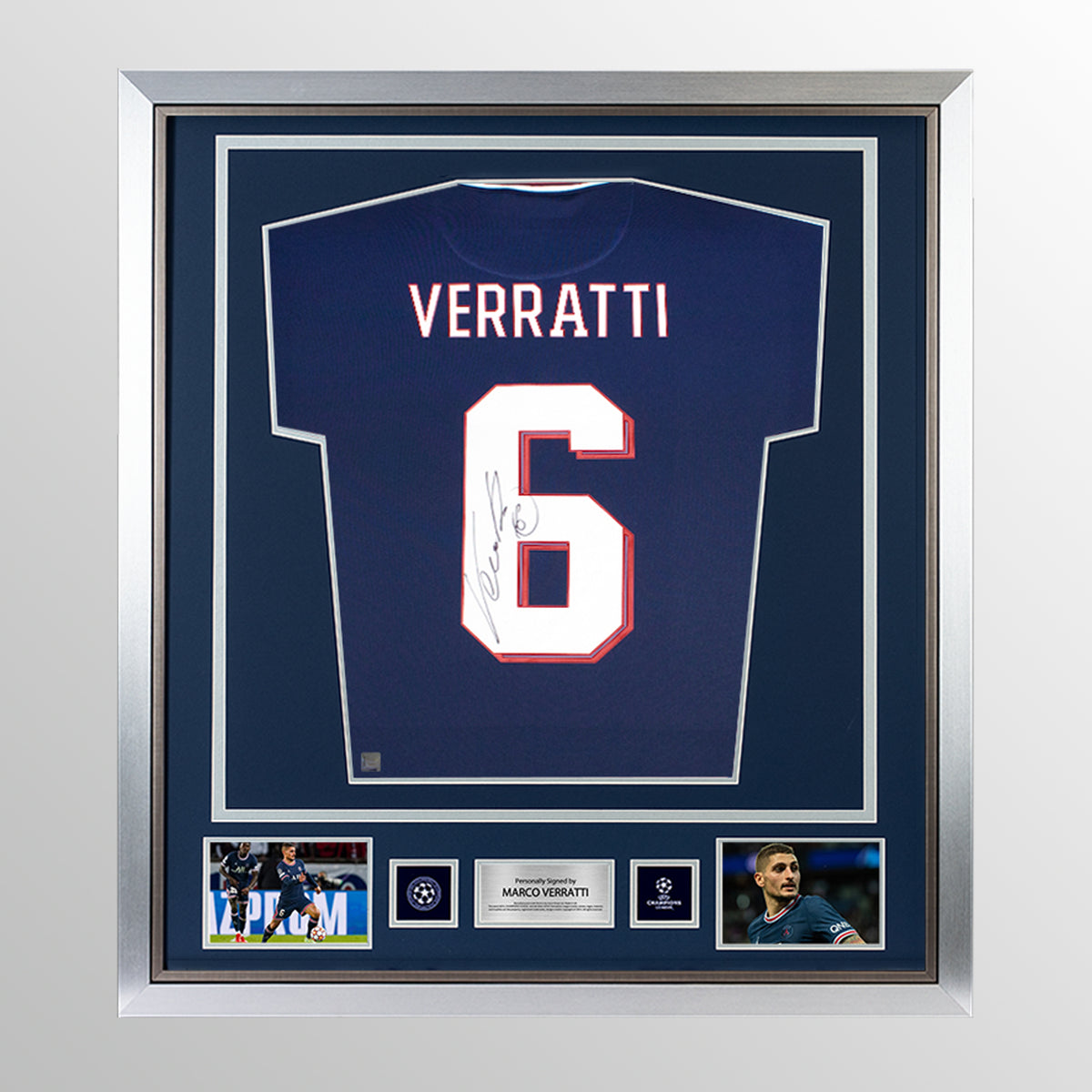 Marco Verratti Official UEFA Champions League Back Signed and Framed Paris Saint-Germain 2021-22 Home Shirt With Fan Style Number UEFA Club Competitions Online Store