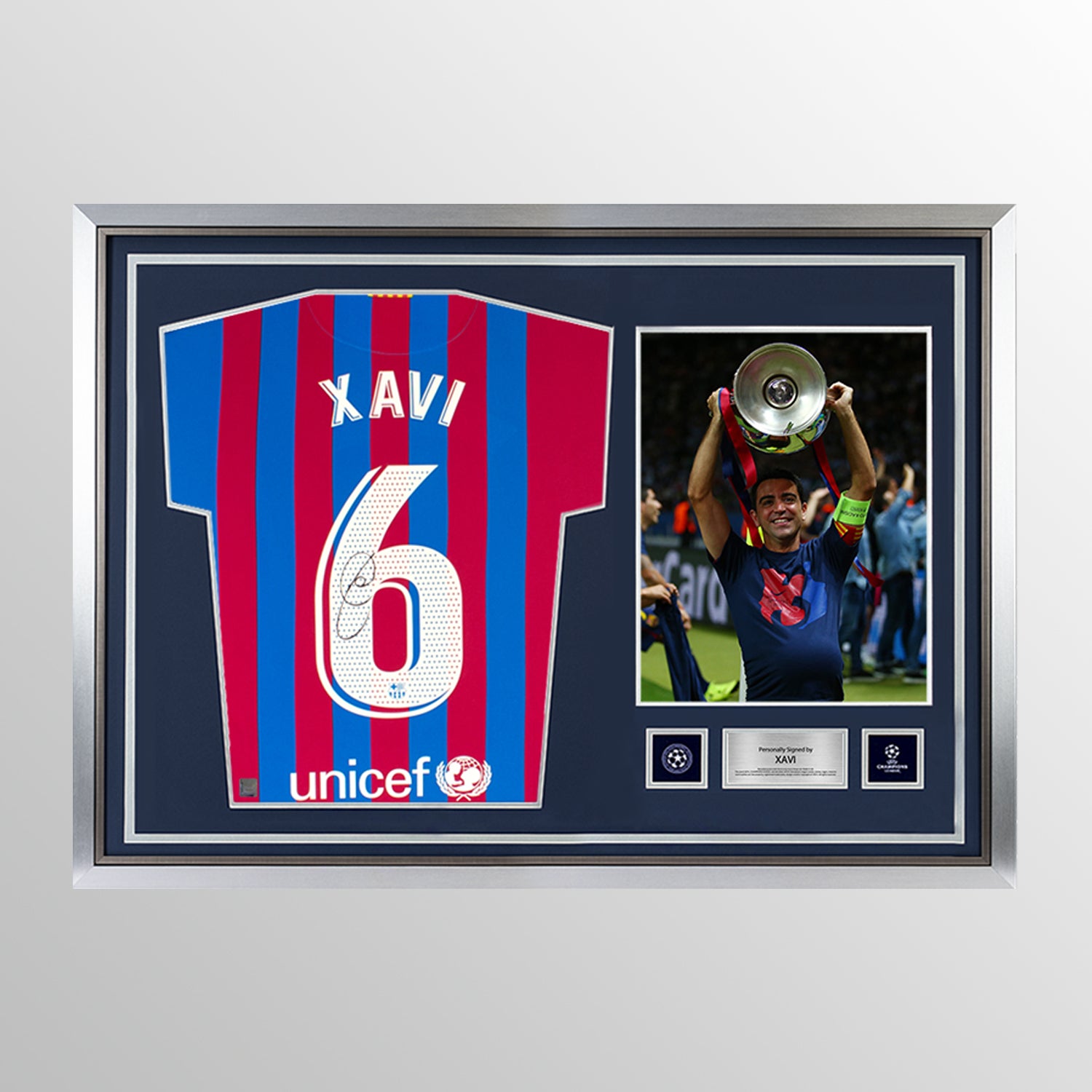 Xavi Official UEFA Champions League Back Signed and Hero Framed FC Barcelona 2021-22 Home Shirt UEFA Club Competitions Online Store