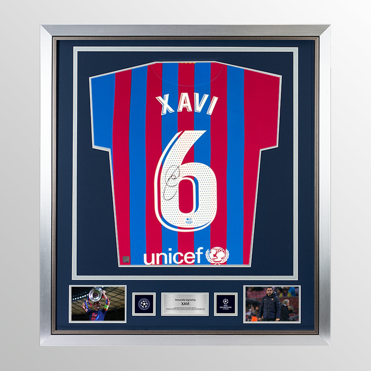 Xavi Official UEFA Champions League Back Signed and Framed FC Barcelona 2021-22 Home Shirt UEFA Club Competitions Online Store