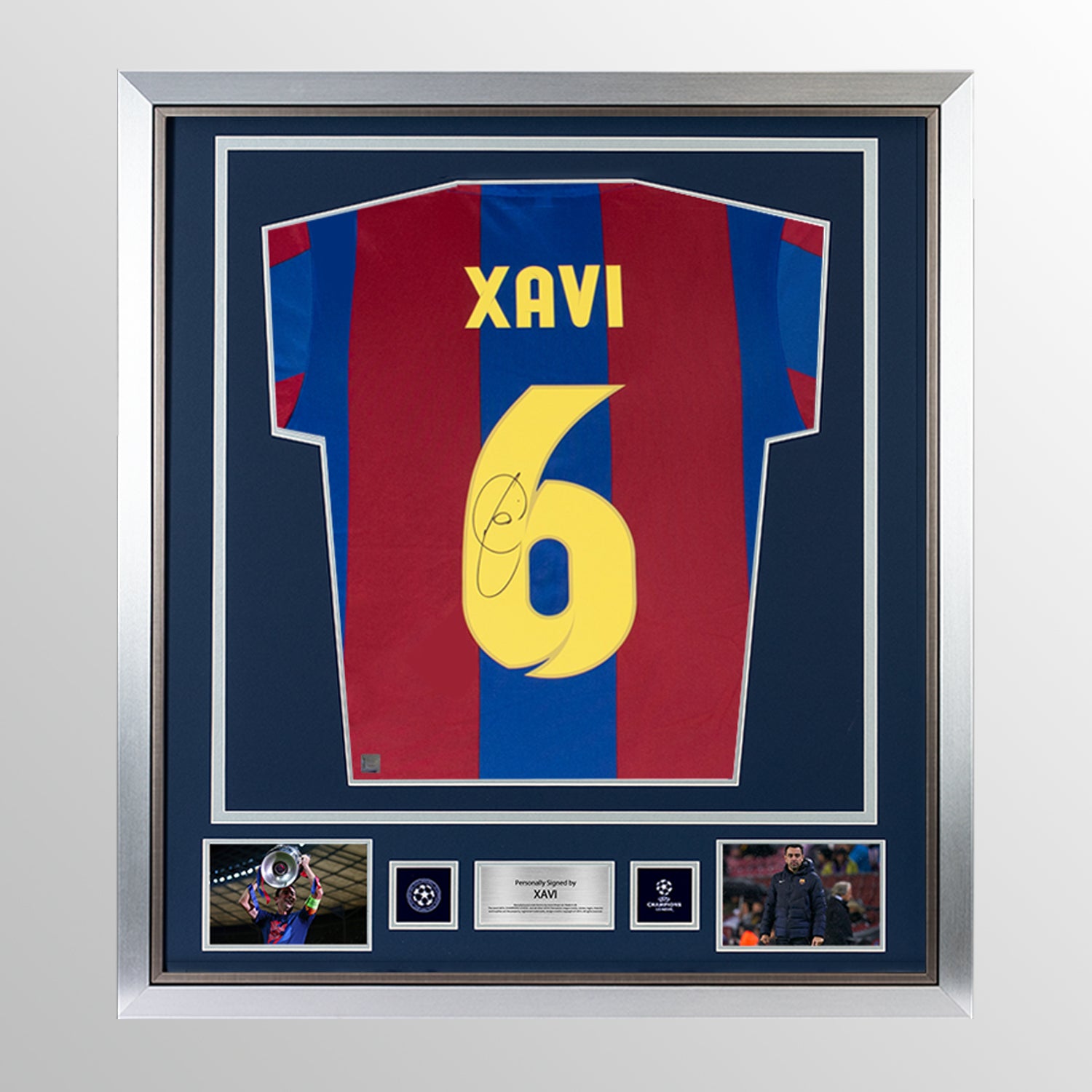 Xavi Official UEFA Champions League Back Signed and Framed Retro FC Barcelona Home Shirt With Fan Style Number UEFA Club Competitions Online Store