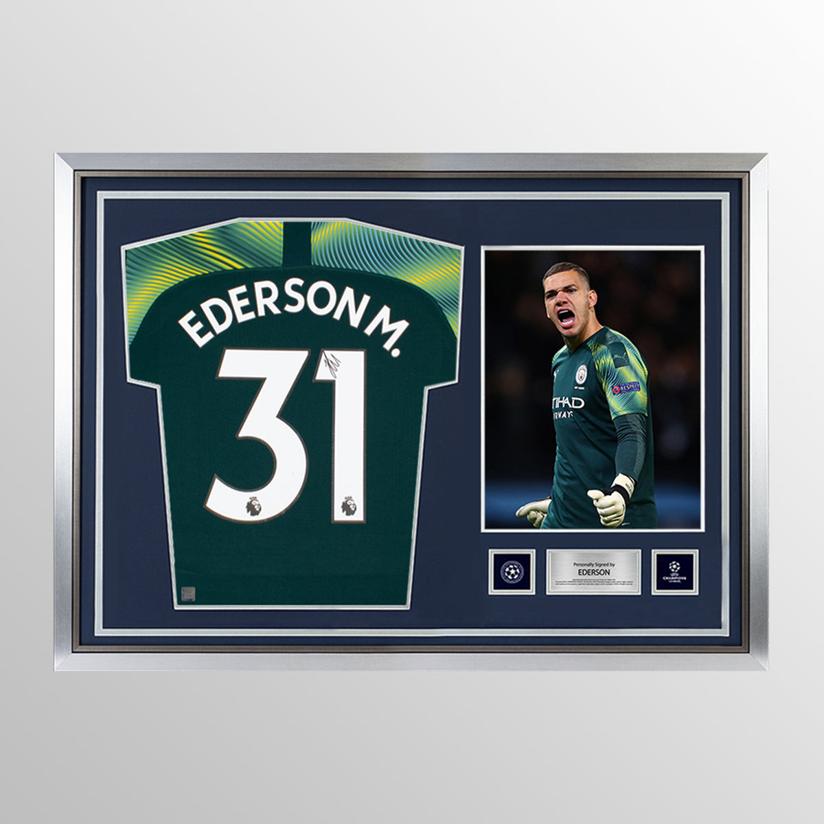 Ederson Official UEFA Champions League Back Signed and Hero Framed Manchester City 2019-20 Home Shirt UEFA Club Competitions Online Store
