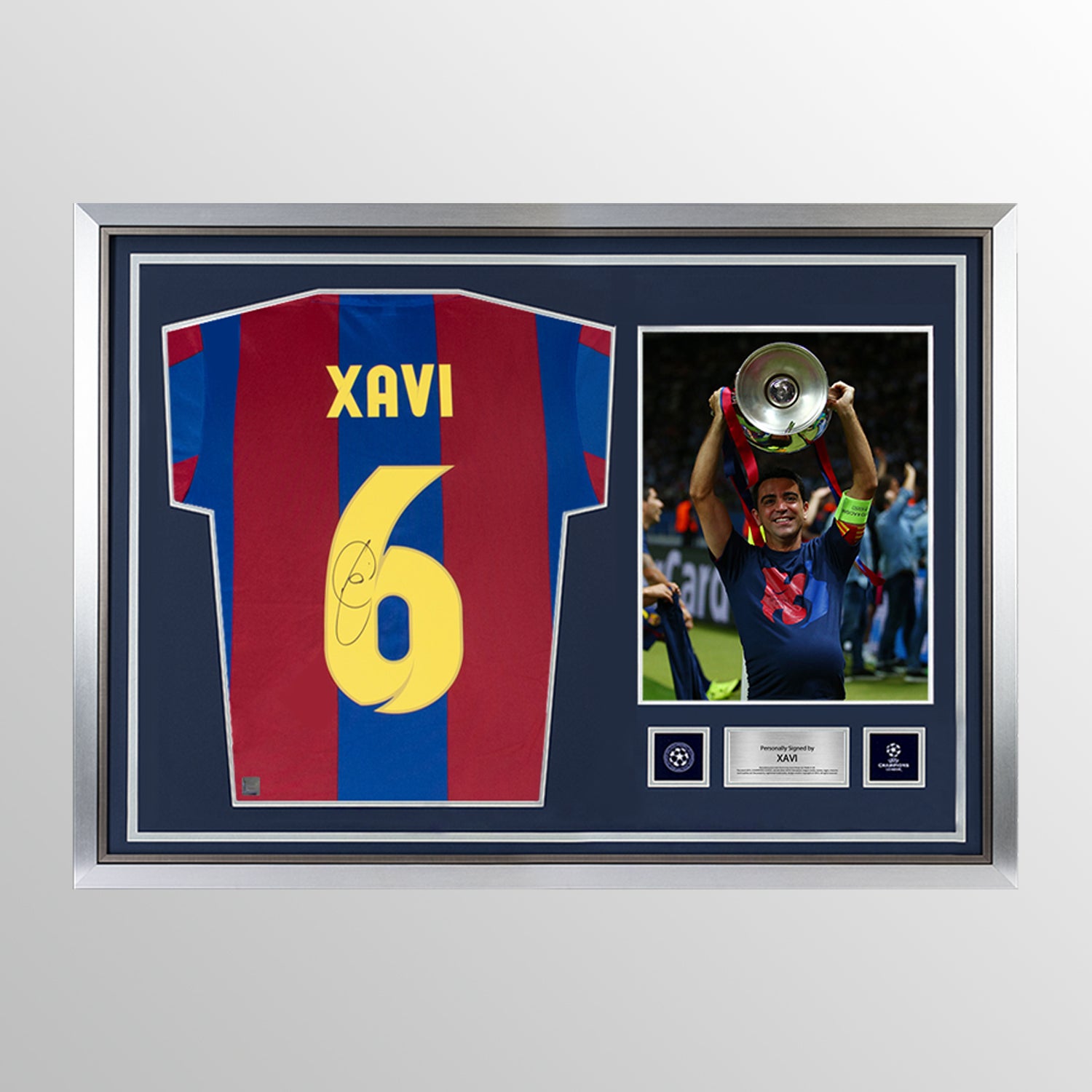 Xavi Official UEFA Champions League Back Signed and Hero Framed Retro FC Barcelona Home Shirt With Fan Style Number UEFA Club Competitions Online Store