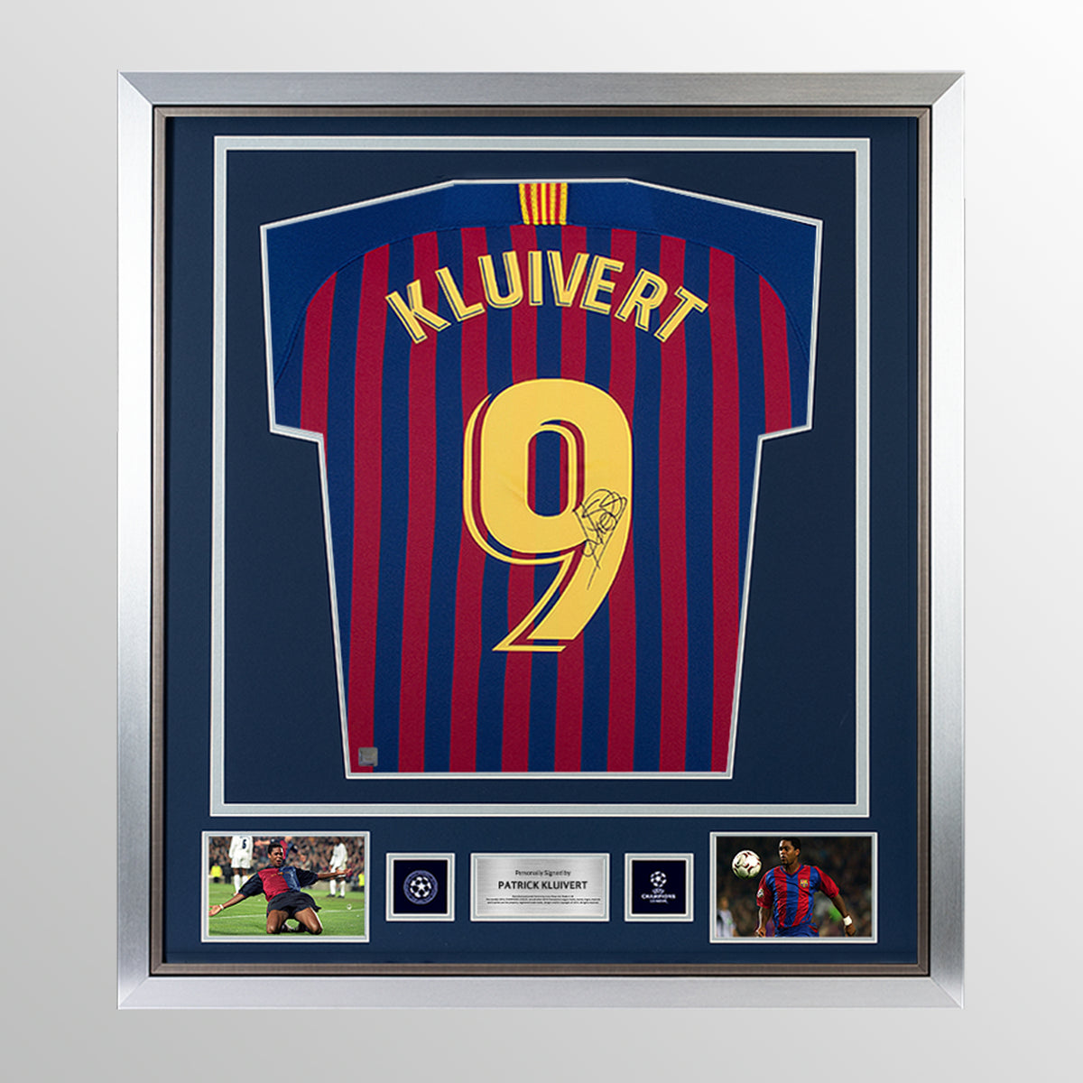 Patrick Kluivert Official UEFA Champions League Back Signed and Framed Modern FC Barcelona Home Shirt UEFA Club Competitions Online Store