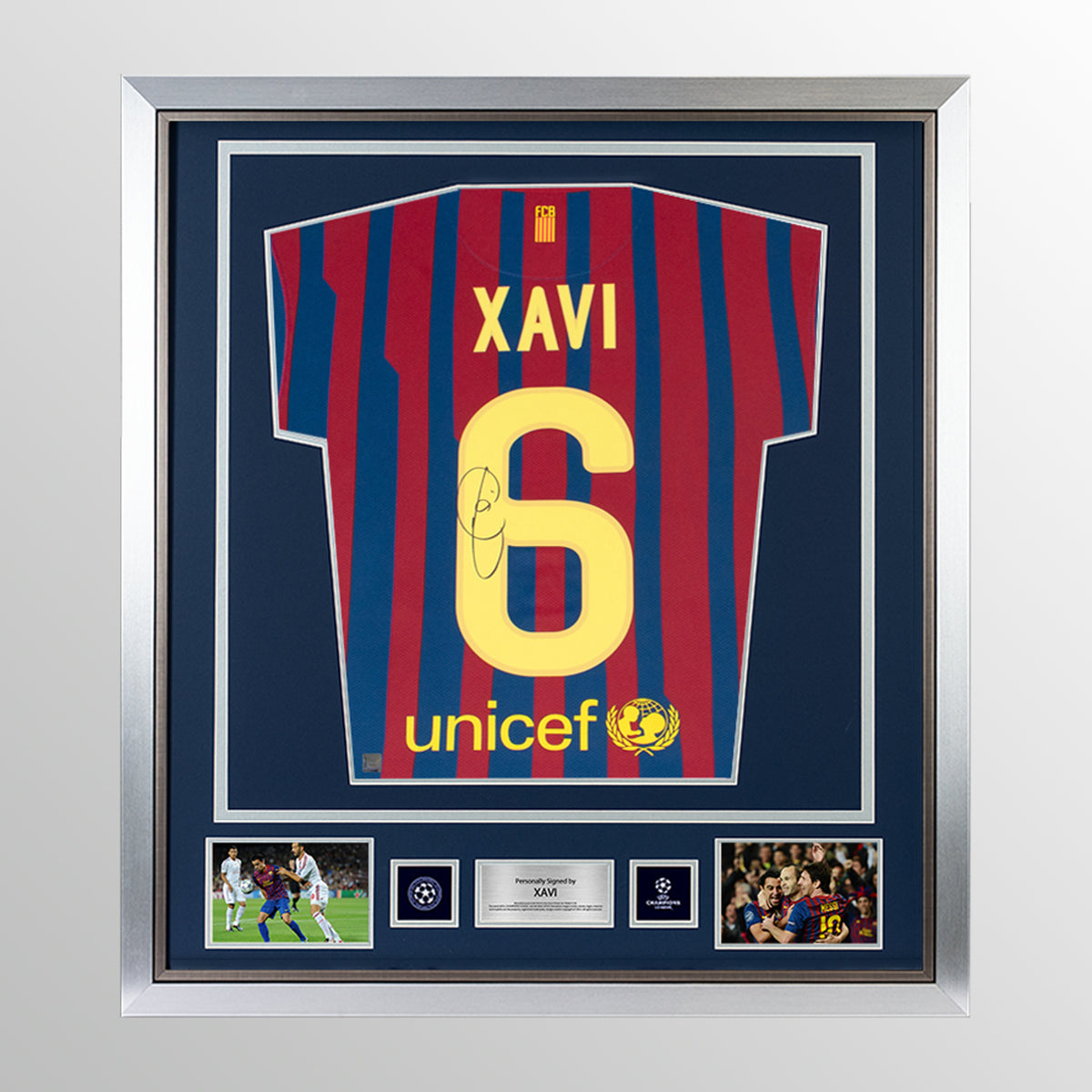 Xavi Official UEFA Champions League Back Signed and Framed FC Barcelona 2011-12 Home Shirt With Fan Style Number UEFA Club Competitions Online Store
