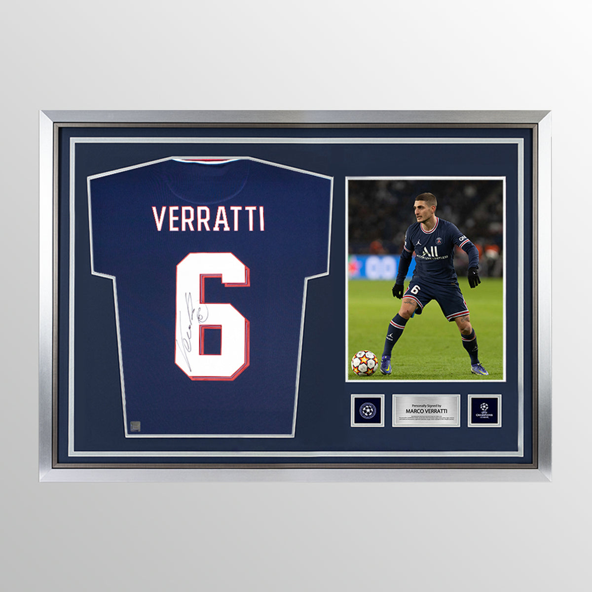 Marco Verratti Official UEFA Champions League Back Signed and Hero Framed Paris Saint-Germain 2021-22 Home Shirt With Fan Style Number UEFA Club Competitions Online Store