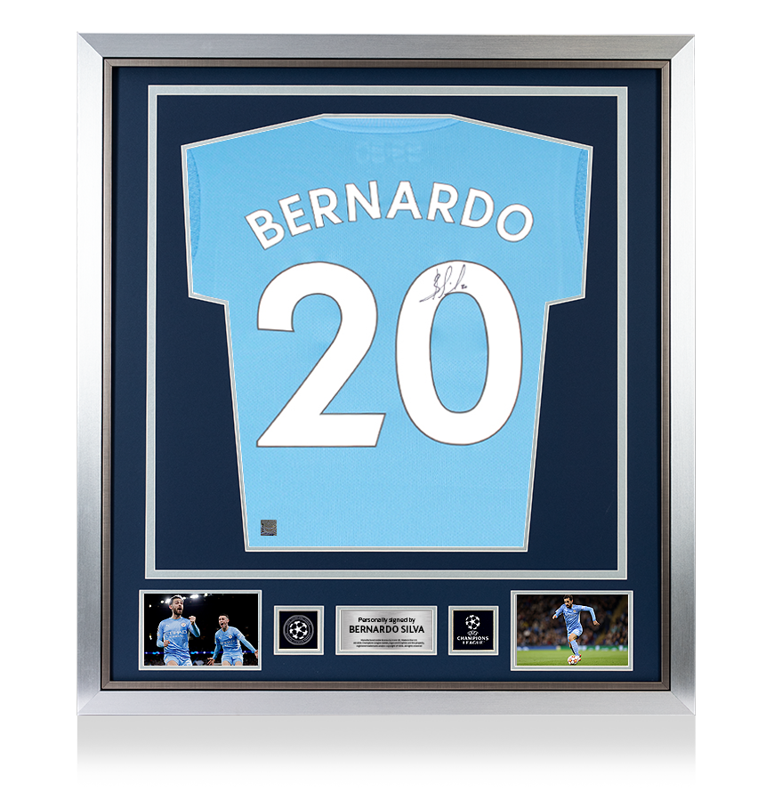 Bernardo Silva Official UEFA Champions League Back Signed and Framed Manchester City 2021-22 Home Shirt UEFA Club Competitions Online Store