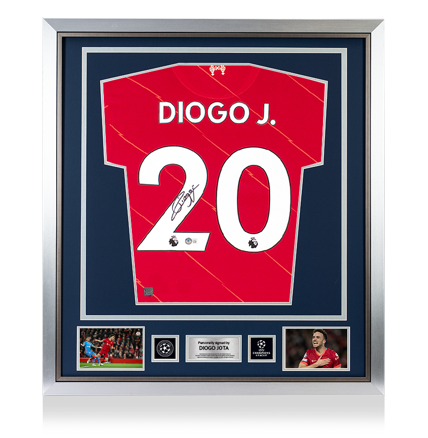 Diogo Jota Official UEFA Champions League Back Signed and Framed Liverpool FC 2021-22 Home Shirt