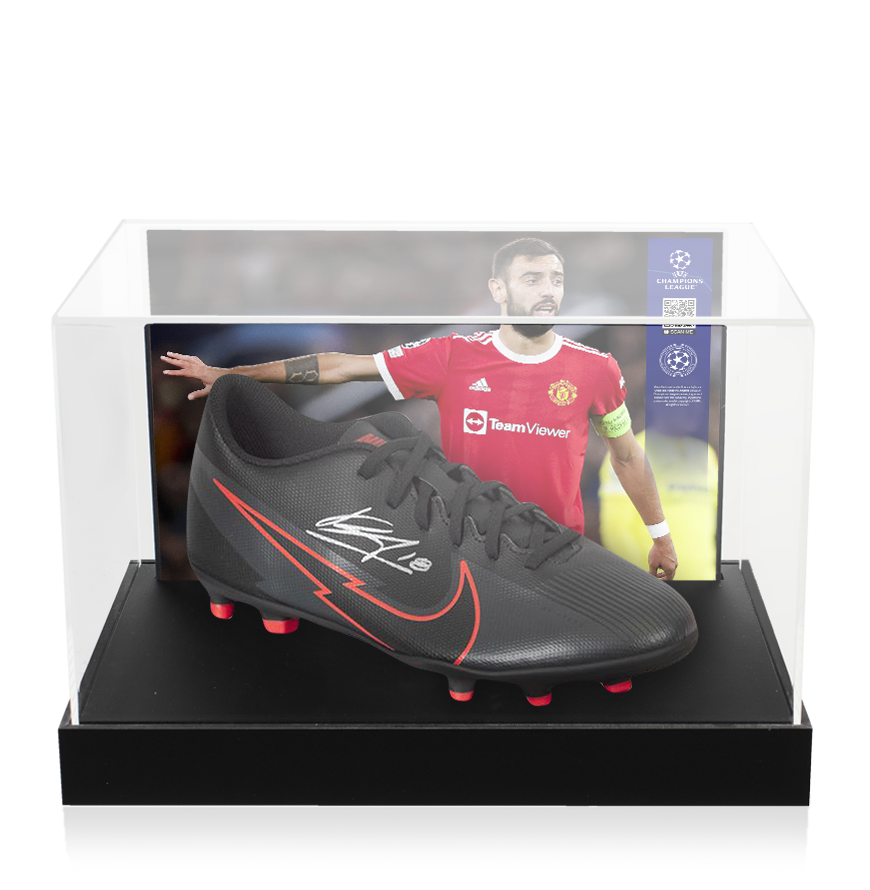 Bruno Fernandes Official UEFA Champions League Signed Black and Red Nike Vapor Boot In Photo Acrylic Case: Option 1 UEFA Club Competitions Online Store