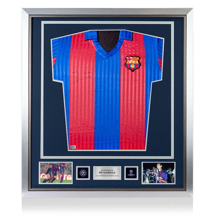 Pep Guardiola Official UEFA Champions League Front Signed and Framed FC Barcelona 1992 Home Shirt UEFA Club Competitions Online Store