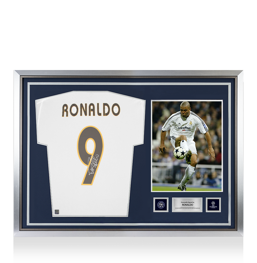 Ronaldo Official UEFA Champions League Signed and Hero Framed Modern Real Madrid Home Shirt With Fan Style Number UEFA Club Competitions Online Store