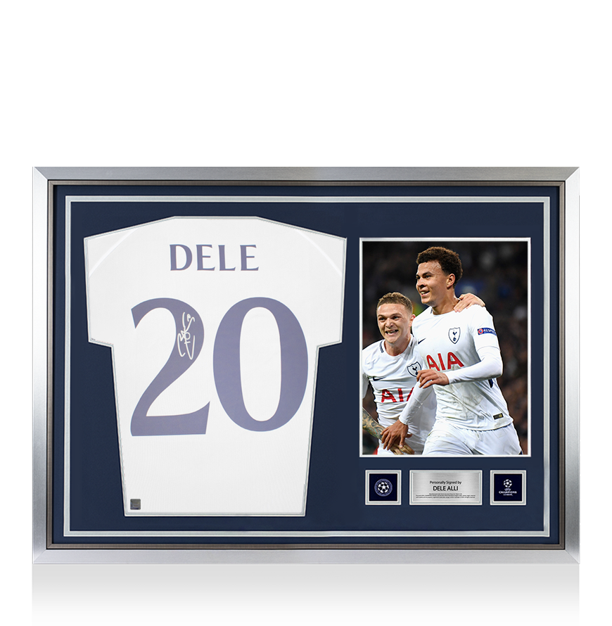 T-shirt ufficiale del Tottenham Hotspur firmata Dele Alli dalla UEFA Champions League e incorniciata dall&#39;eroe