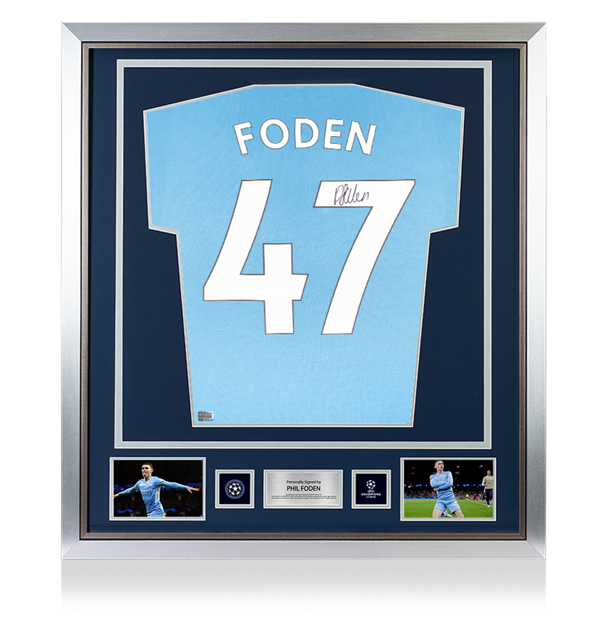Phil Foden Official UEFA Champions League Back Signed and Framed Manchester City 2021/22 Home Shirt UEFA Club Competitions Online Store