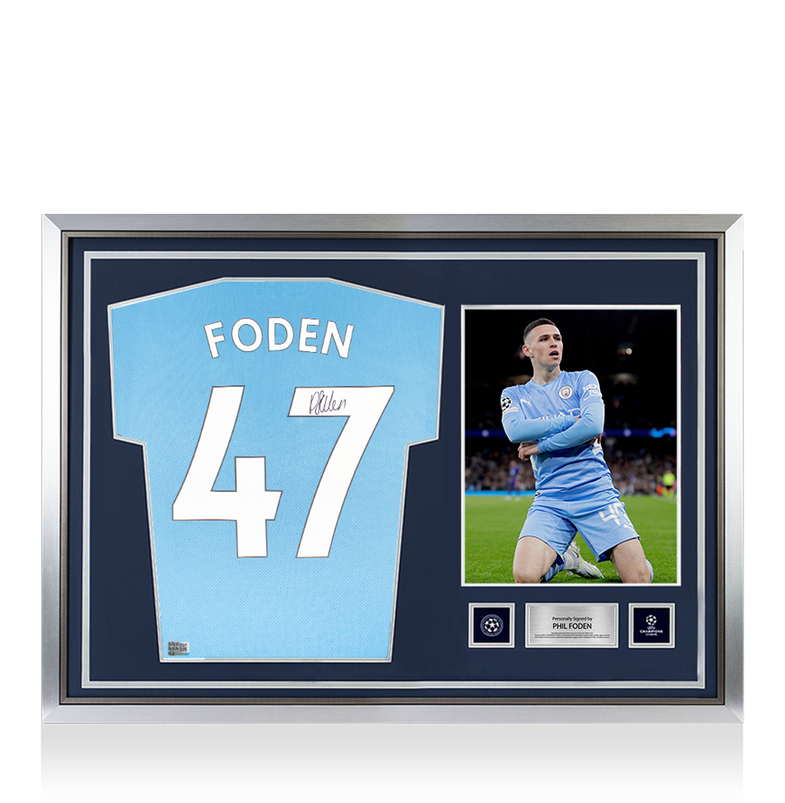 Phil Foden Official UEFA Champions League Back Signed and Hero Framed Manchester City 2021/22 Home Shirt UEFA Club Competitions Online Store