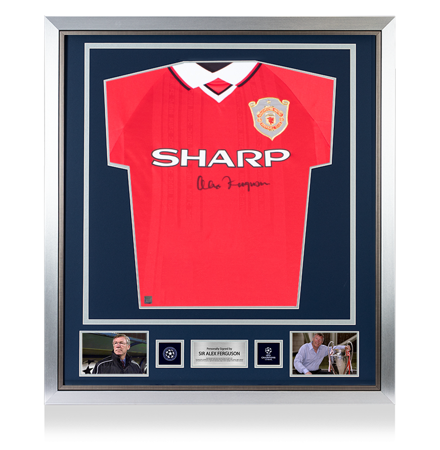 Maglia ufficiale del Manchester United 1999 autografata e incorniciata sul fronte della UEFA Champions League da Alex Ferguson