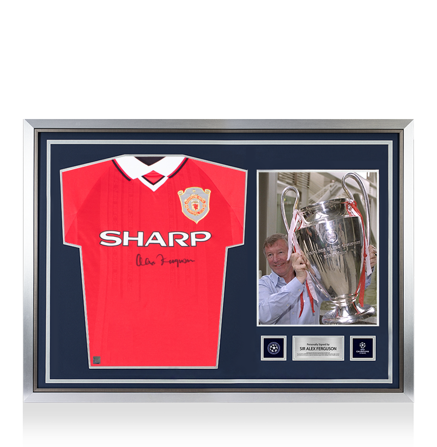 Alex Ferguson, offizielles UEFA-Champions-League-Trikot von Manchester United 1999, vorne signiert und mit Heldenrahmen versehen