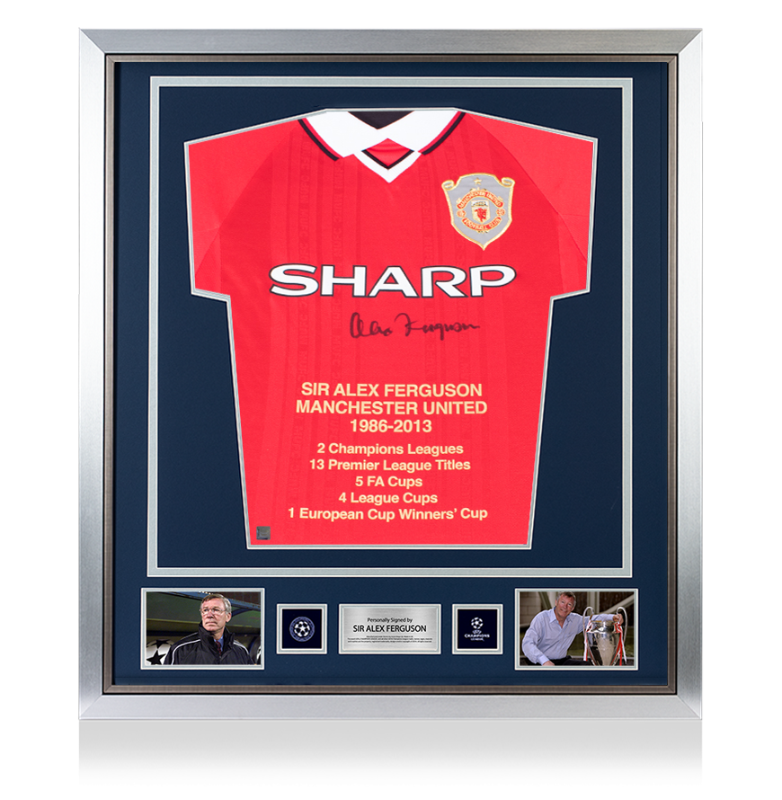 Alex Ferguson, offizielles UEFA-Champions-League-Trikot von Manchester United 1999, vorne signiert und gerahmt – Stats Edition
