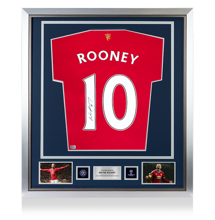 Le dos de la Ligue des champions de l&#39;UEFA Wayne Rooney en arrière signé et encadré la chemise de maison moderne de Manchester United avec des numéros de style fan