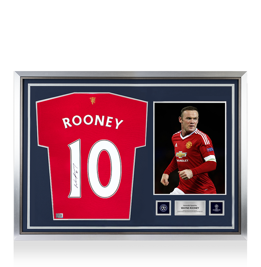 Maglia ufficiale da casa moderna del Manchester United, autografata sul retro della UEFA Champions League di Wayne Rooney e incorniciata dall&#39;eroe, con numeri in stile tifoso