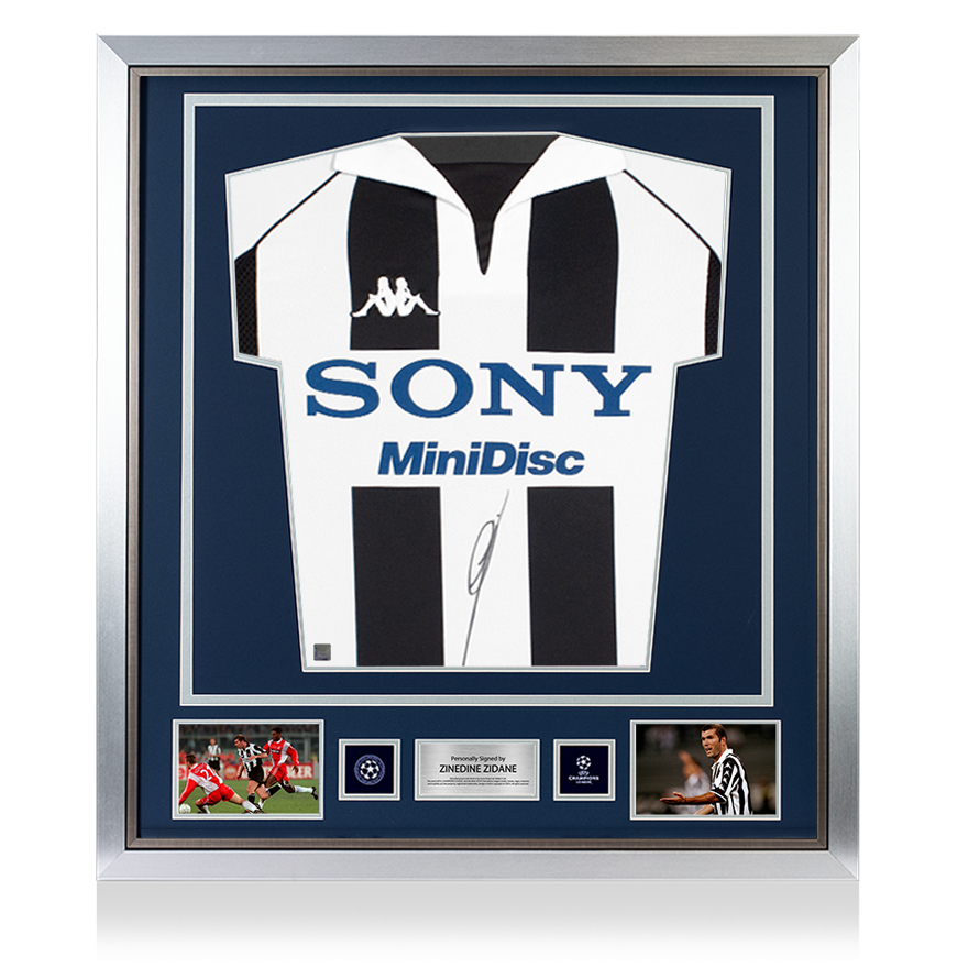 Zinedine Zidane Oficial de la UEFA Champions League Frente firmado y enmarcado Juventus 1997-98 Camisa en casa