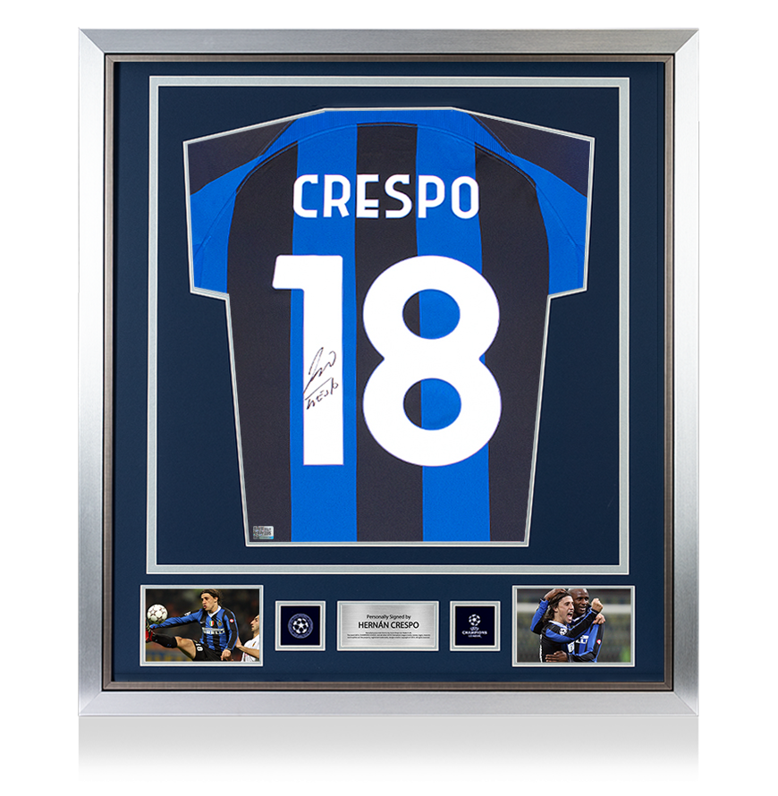 Maglia ufficiale Home della UEFA Champions League di Hernan Crespo, autografata e incorniciata sul retro dell&#39;Inter moderna con numero stile tifoso