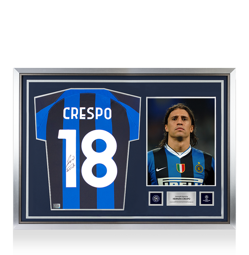 Hernan Crespo Official UEFA Champions League Back Signed and Hero Framed Modern Internazionale Home Shirt With Fan Style Number