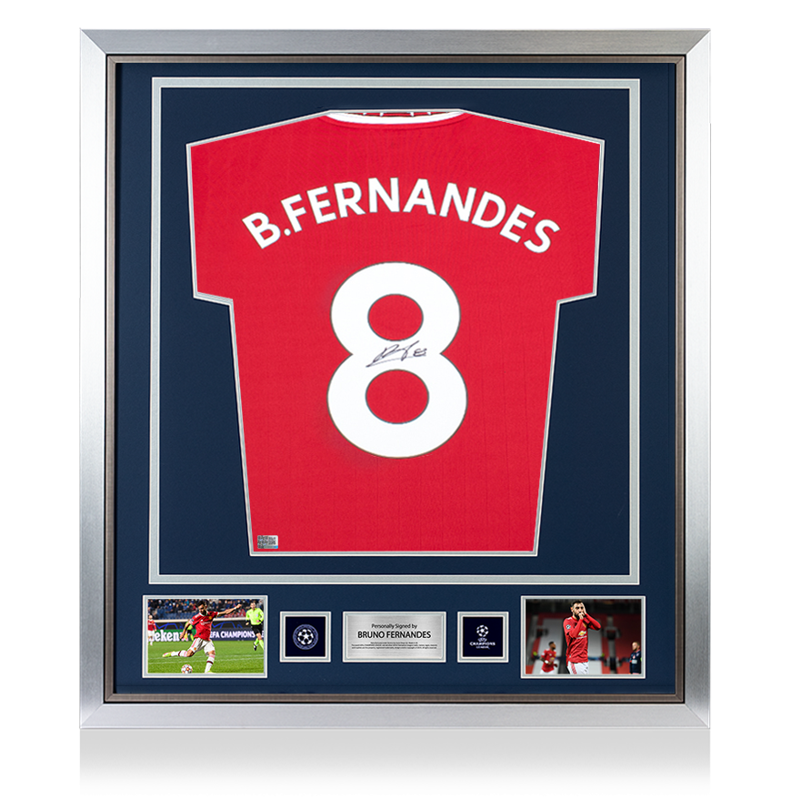 Bruno Fernandes Official UEFA Champions League Back Signed and Framed Manchester United 2022-23 Home Shirt With Fan Style Number UEFA Club Competitions Online Store