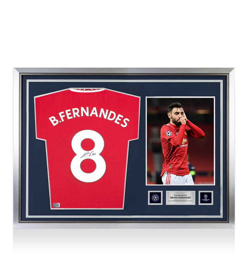 Bruno Fernandes Official UEFA Champions League Back Signed and Hero Framed Manchester United 2022-23 Home Shirt With Fan Style Number UEFA Club Competitions Online Store