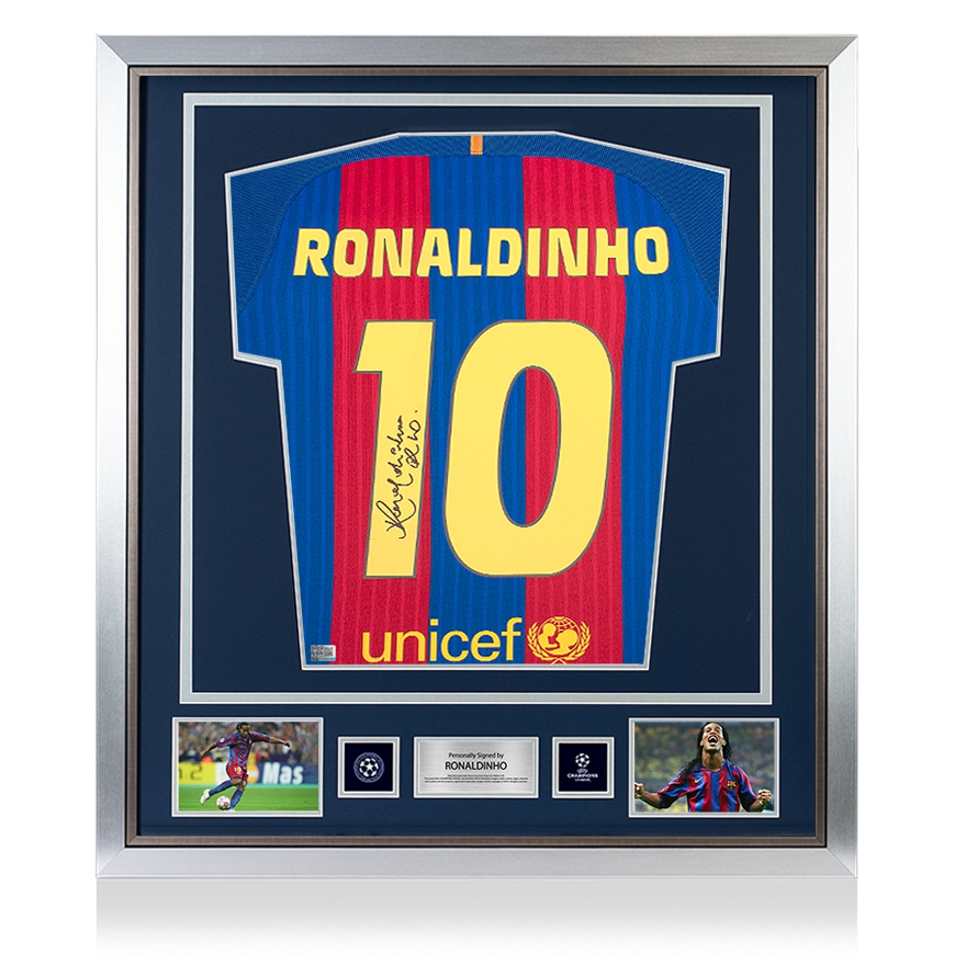 Ronaldinho Official UEFA Champions League Back Signed and Framed FC Barcelona 2016-17 Home Shirt with Fan Style Numbers UEFA Club Competitions Online Store