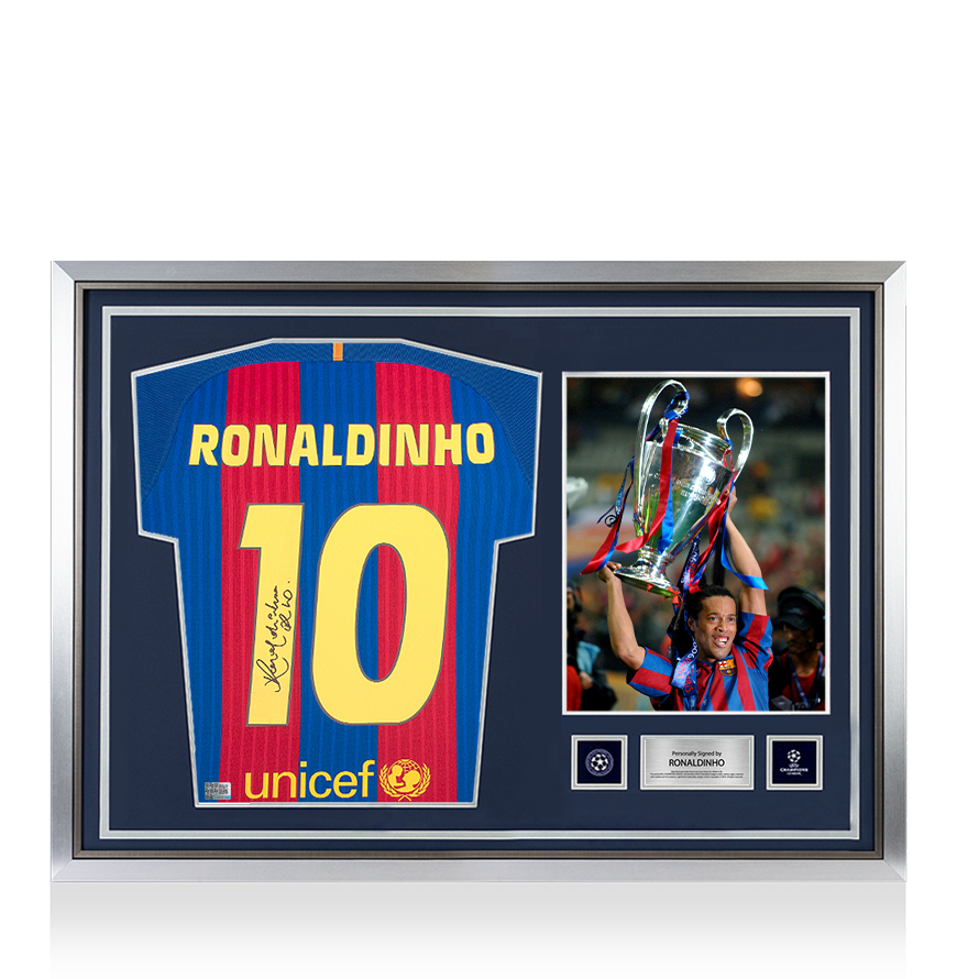 Ronaldinho Official UEFA Champions League Back Signed and Hero Framed FC Barcelona 2016-17 Home Shirt with Fan Style Numbers UEFA Club Competitions Online Store