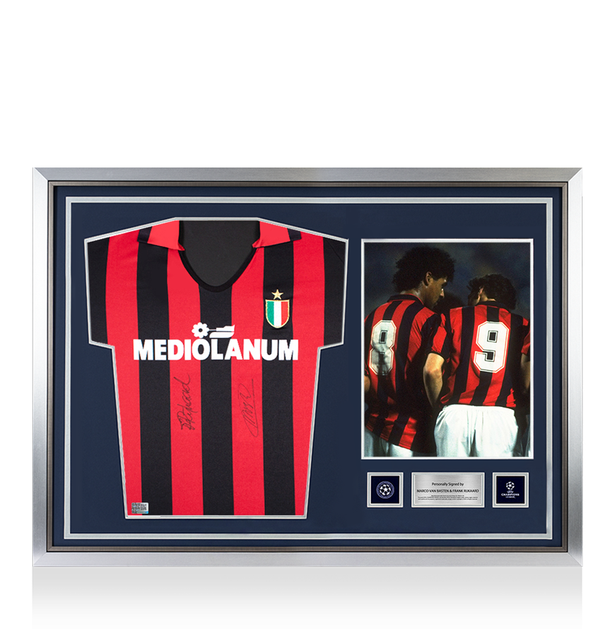 Marco van Basten &amp; Frank Rijkaard Official UEFA Champions League Front Signed AC Milan 1988 Home Shirt